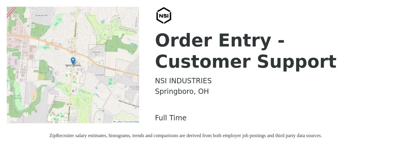 NSI INDUSTRIES job posting for a Order Entry - Customer Support in Springboro, OH with a salary of $15 to $19 Hourly with a map of Springboro location.