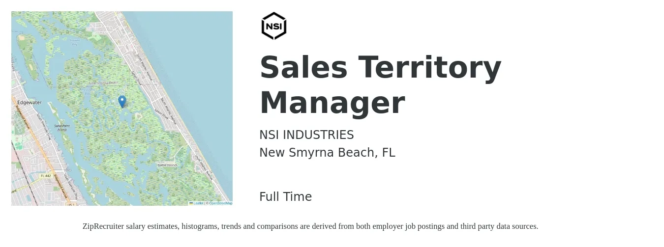 NSI INDUSTRIES job posting for a Sales Territory Manager in New Smyrna Beach, FL with a salary of $57,500 to $88,200 Yearly with a map of New Smyrna Beach location.