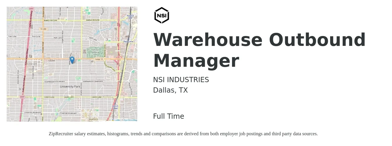 NSI INDUSTRIES job posting for a Warehouse Outbound Manager in Dallas, TX with a salary of $46,000 to $65,300 Yearly with a map of Dallas location.