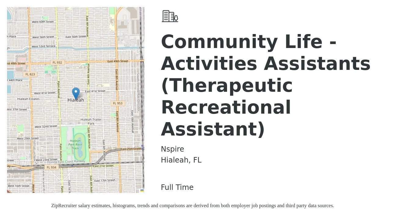 Nspire job posting for a Community Life - Activities Assistants (Therapeutic Recreational Assistant) in Hialeah, FL with a salary of $14 to $16 Hourly with a map of Hialeah location.