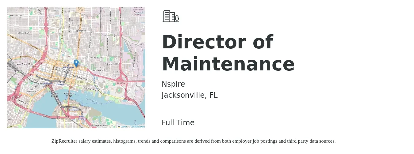 Nspire job posting for a Director of Maintenance in Jacksonville, FL with a salary of $47,600 to $79,400 Yearly with a map of Jacksonville location.