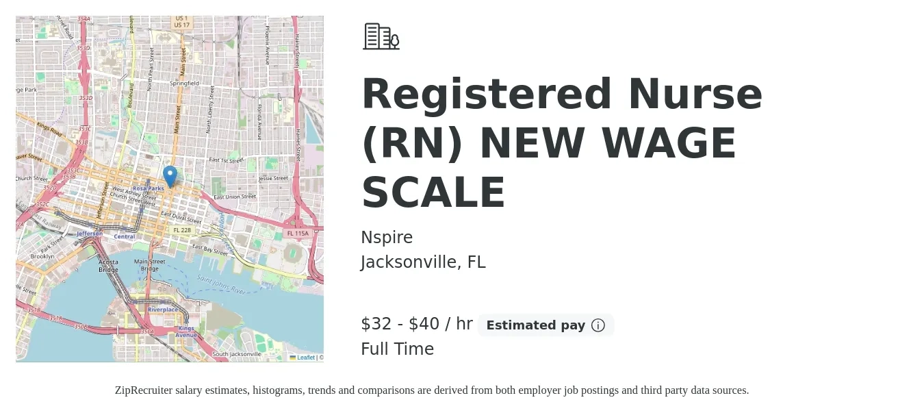 Nspire job posting for a Registered Nurse (RN) NEW WAGE SCALE in Jacksonville, FL with a salary of $34 to $42 Hourly with a map of Jacksonville location.