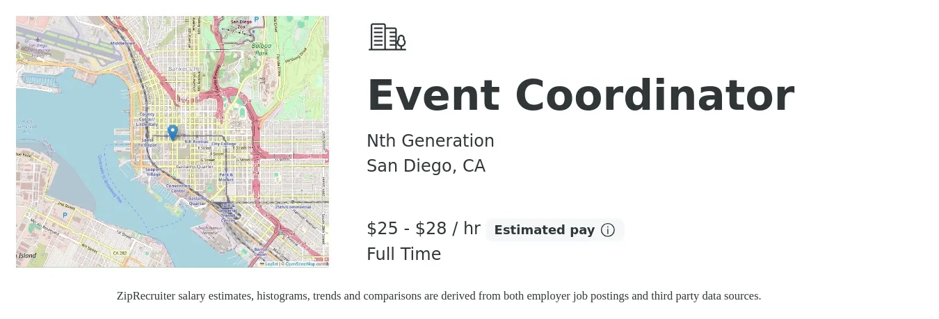 Nth Generation job posting for a Event Coordinator in San Diego, CA with a salary of $27 to $30 Hourly with a map of San Diego location.