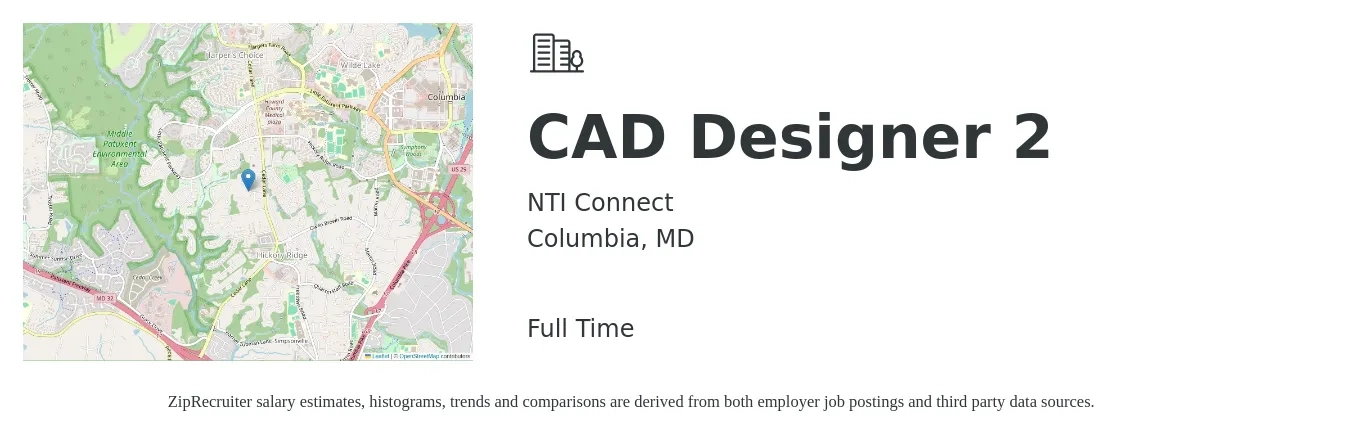 NTI Connect job posting for a CAD Designer 2 in Columbia, MD with a salary of $26 to $37 Hourly with a map of Columbia location.