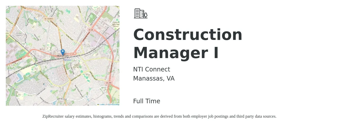 NTI Connect job posting for a Construction Manager I in Manassas, VA with a salary of $71,000 to $115,500 Yearly with a map of Manassas location.