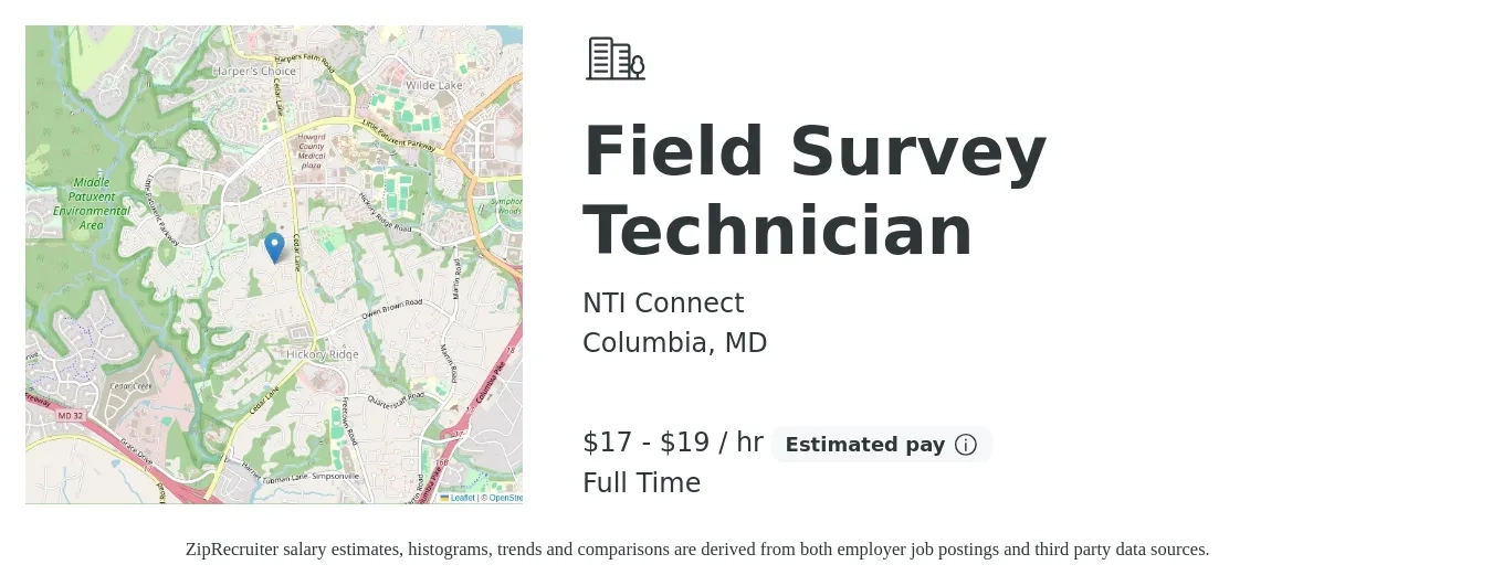 NTI Connect job posting for a Field Survey Technician in Columbia, MD with a salary of $18 to $20 Hourly with a map of Columbia location.