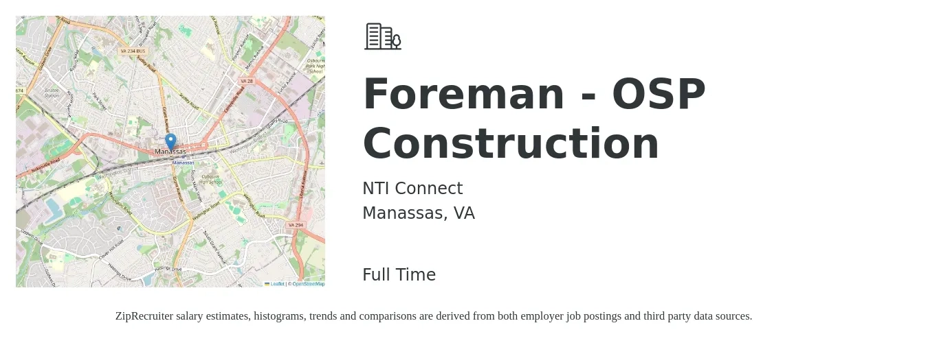 NTI Connect job posting for a Foreman - OSP Construction in Manassas, VA with a salary of $71,000 to $115,500 Yearly with a map of Manassas location.