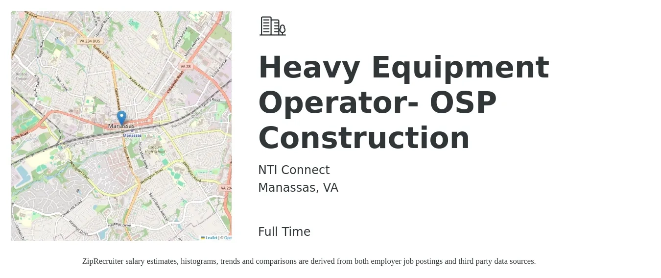 NTI Connect job posting for a Heavy Equipment Operator- OSP Construction in Manassas, VA with a salary of $22 to $28 Hourly with a map of Manassas location.