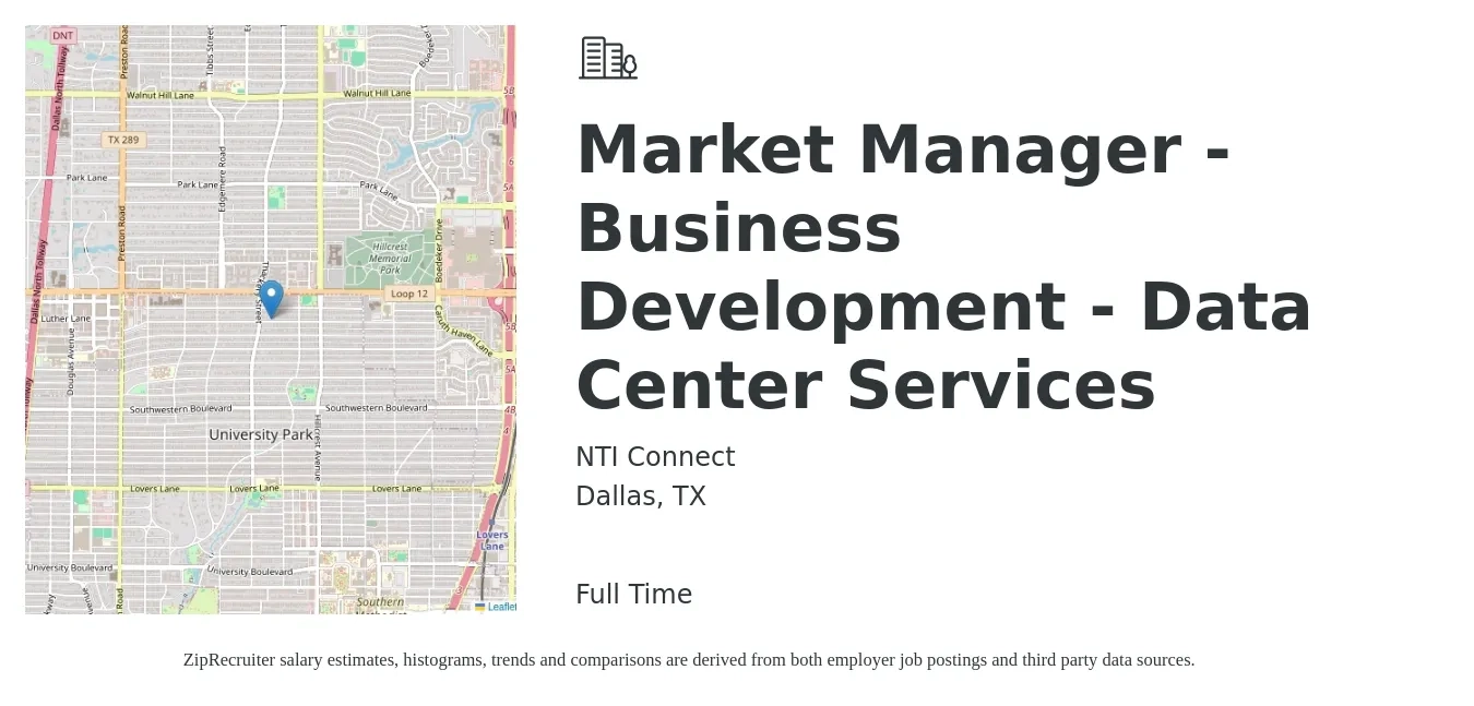 NTI Connect job posting for a Market Manager - Business Development - Data Center Services in Dallas, TX with a salary of $55,800 to $91,500 Yearly with a map of Dallas location.