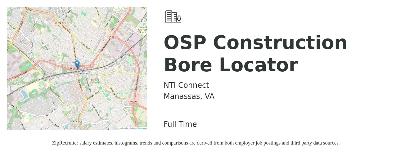 NTI Connect job posting for a OSP Construction Bore Locator in Manassas, VA with a salary of $71,000 to $115,500 Yearly with a map of Manassas location.
