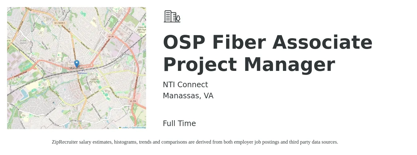NTI Connect job posting for a OSP Fiber Associate Project Manager in Manassas, VA with a salary of $75,000 to $119,000 Yearly with a map of Manassas location.