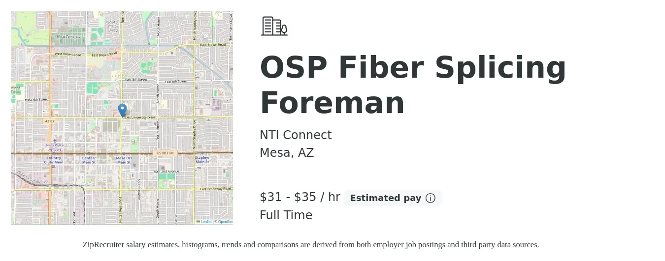 NTI Connect job posting for a OSP Fiber Splicing Foreman in Mesa, AZ with a salary of $33 to $37 Hourly with a map of Mesa location.