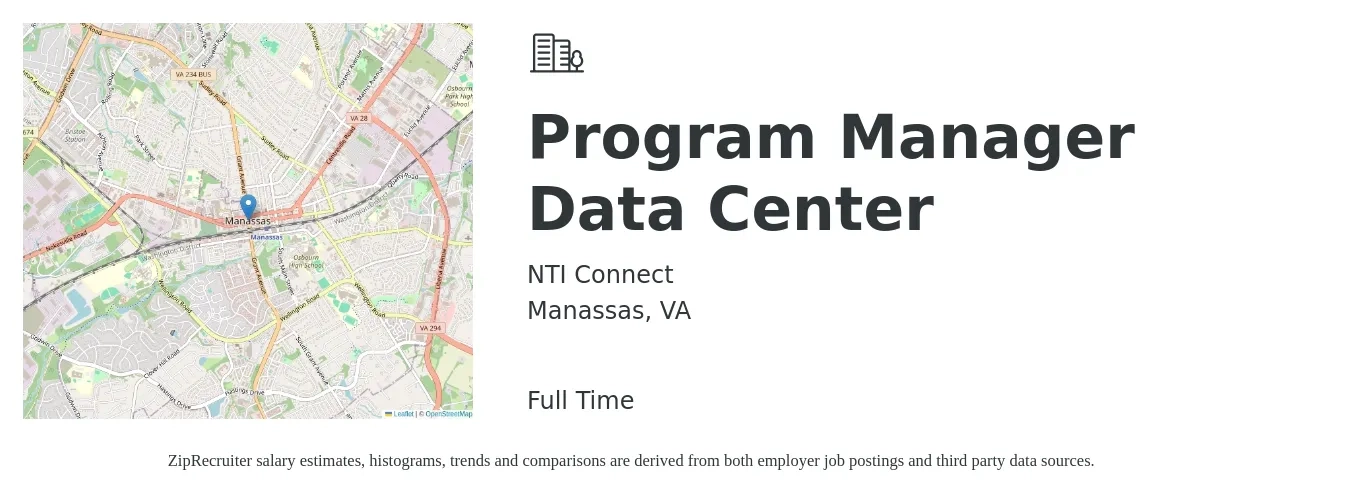 NTI Connect job posting for a Program Manager Data Center in Manassas, VA with a salary of $79,500 to $132,500 Yearly with a map of Manassas location.