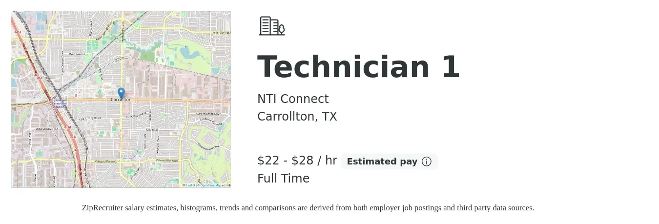 NTI Connect job posting for a Technician 1 in Carrollton, TX with a salary of $24 to $30 Hourly with a map of Carrollton location.