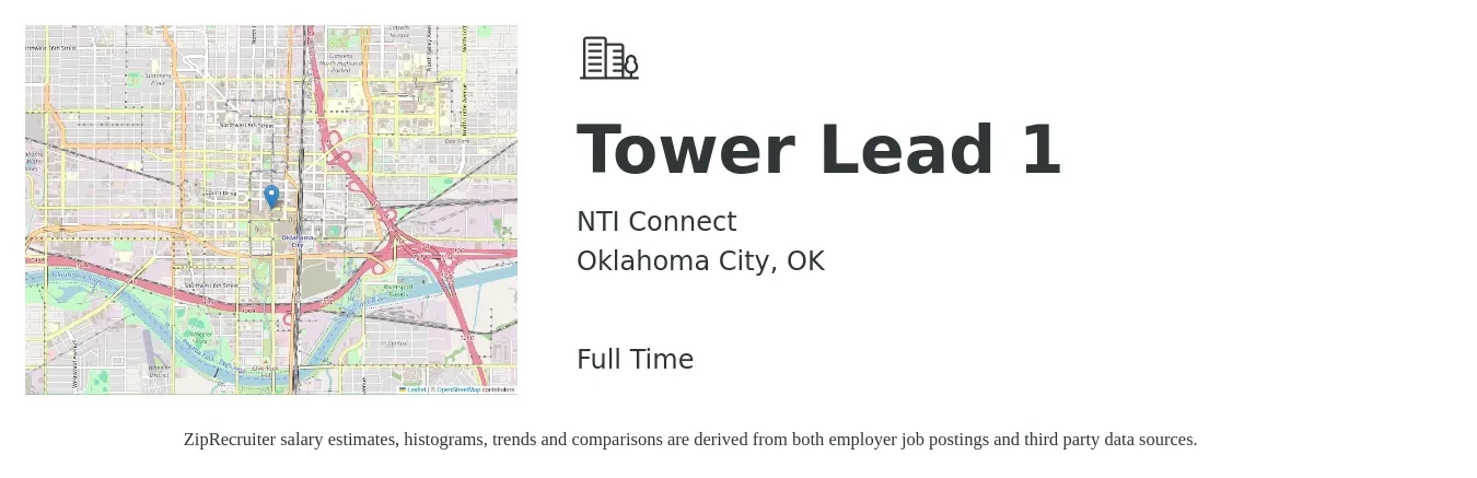 NTI Connect job posting for a Tower Lead 1 in Oklahoma City, OK with a salary of $25 to $30 Hourly with a map of Oklahoma City location.