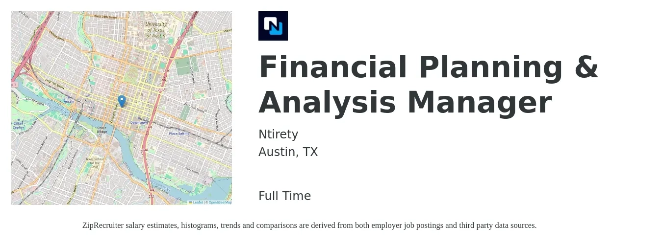 Ntirety job posting for a Financial Planning & Analysis Manager in Austin, TX with a salary of $104,600 to $137,300 Yearly with a map of Austin location.