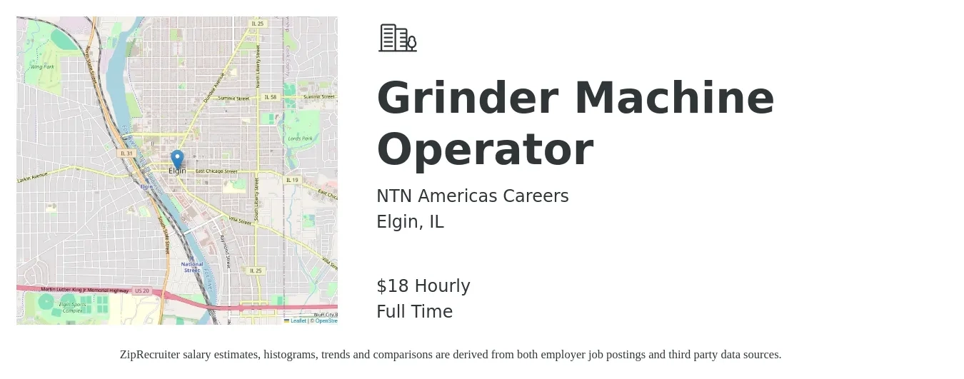 NTN Americas Careers job posting for a Grinder Machine Operator in Elgin, IL with a salary of $19 Hourly with a map of Elgin location.