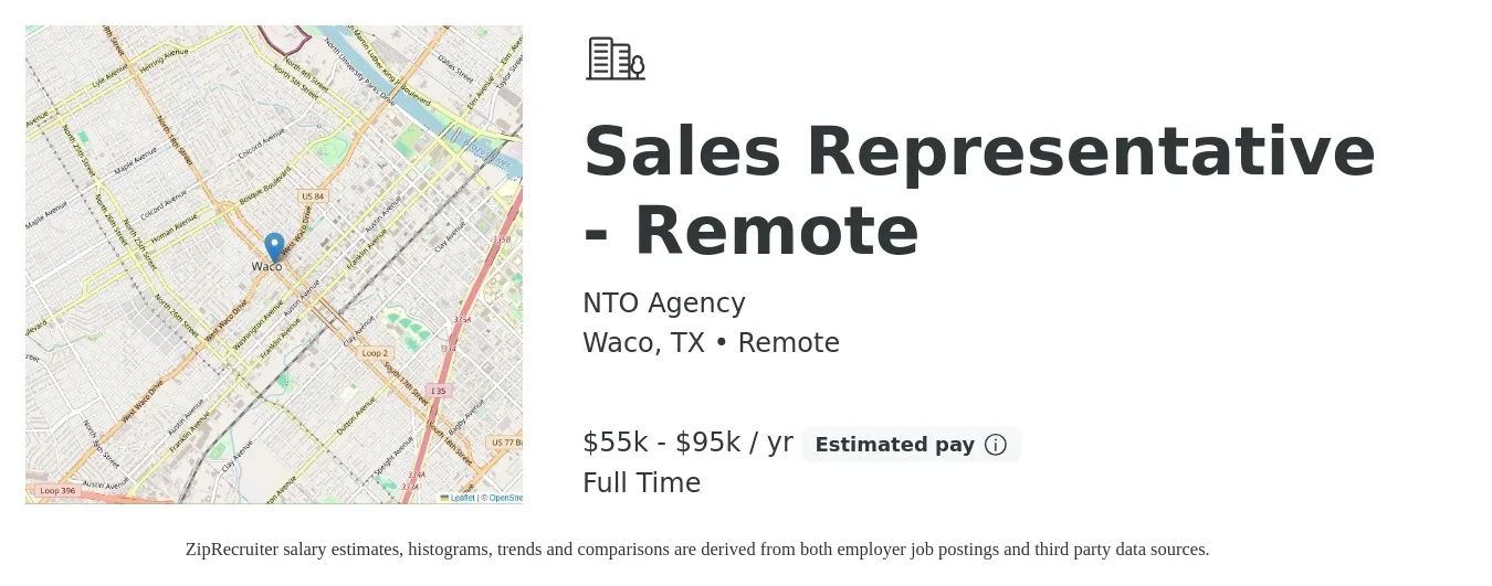 NTO Agency job posting for a Sales Representative - Remote in Waco, TX with a salary of $55,000 to $95,000 Yearly (plus commission) with a map of Waco location.