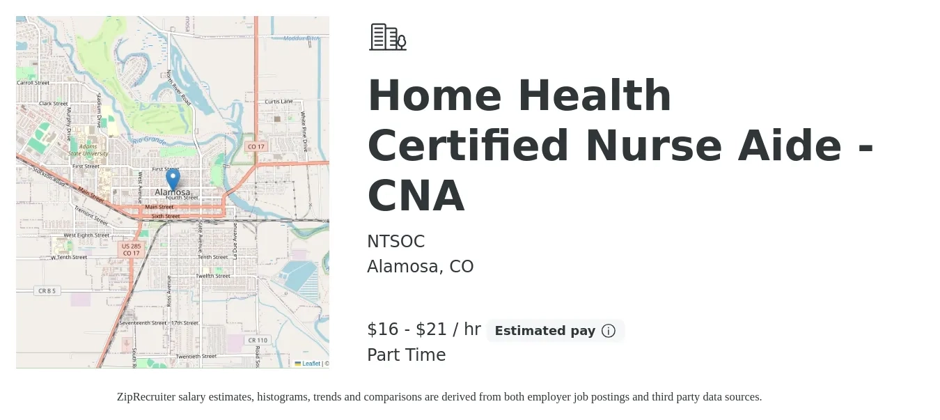 NTSOC job posting for a Home Health Certified Nurse Aide - CNA in Alamosa, CO with a salary of $17 to $22 Hourly with a map of Alamosa location.