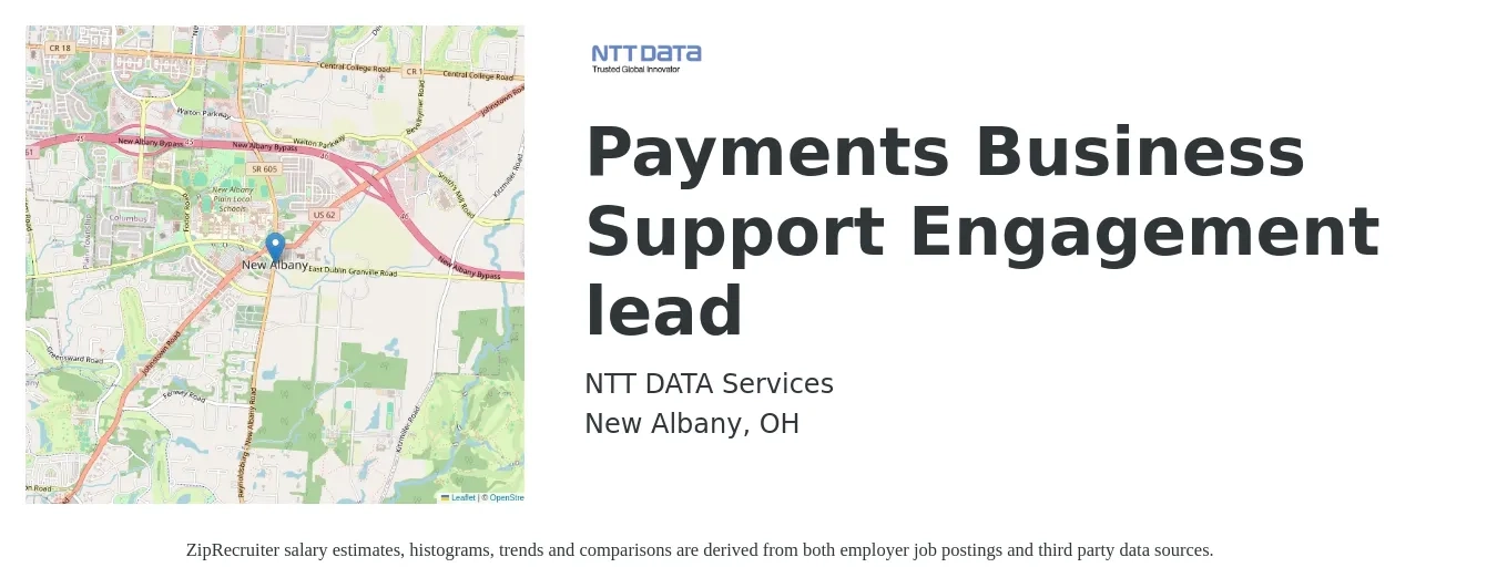 NTT DATA Services job posting for a Payments Business Support Engagement lead in New Albany, OH with a salary of $17 to $33 Hourly with a map of New Albany location.