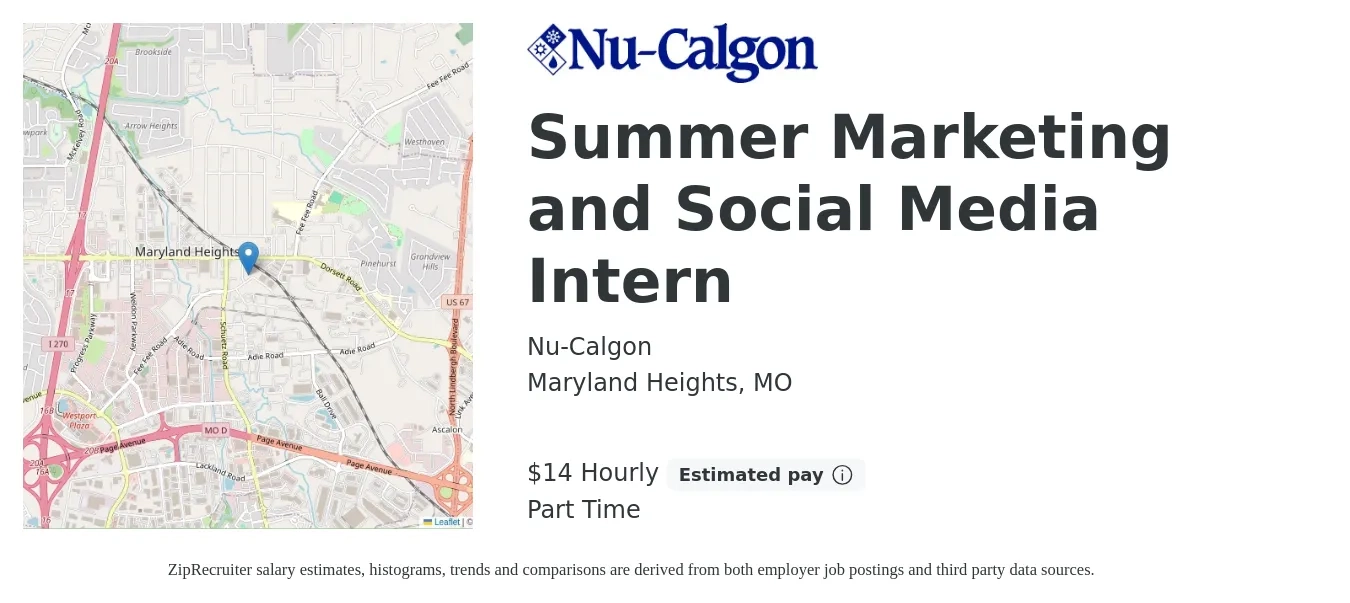 Nu-Calgon job posting for a Summer Marketing and Social Media Intern in Maryland Heights, MO with a salary of $15 Hourly with a map of Maryland Heights location.