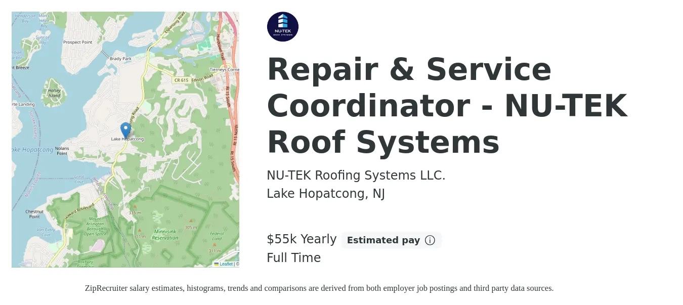 NU-TEK Roofing Systems LLC. job posting for a Repair & Service Coordinator - NU-TEK Roof Systems in Lake Hopatcong, NJ with a salary of $55,000 Yearly with a map of Lake Hopatcong location.