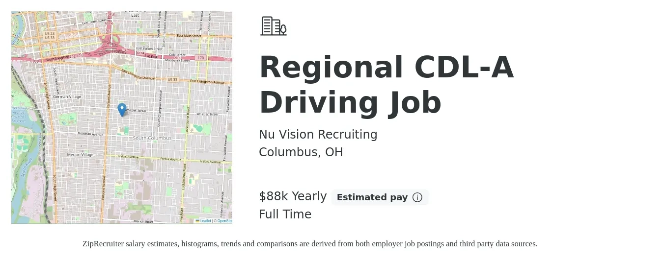 Nu Vision Recruiting job posting for a Regional CDL-A Driving Job in Columbus, OH with a salary of $88,400 Yearly with a map of Columbus location.
