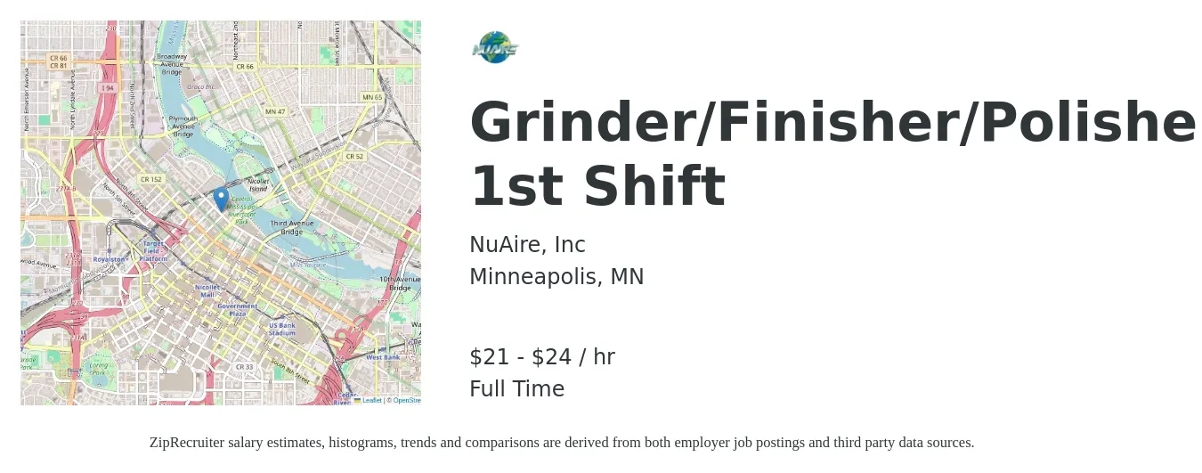 NuAire, Inc job posting for a Grinder/Finisher/Polisher- 1st Shift in Minneapolis, MN with a salary of $22 to $25 Hourly with a map of Minneapolis location.