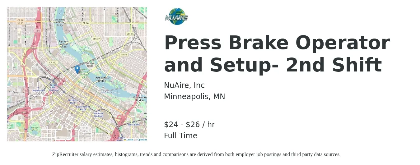 NuAire, Inc job posting for a Press Brake Operator and Setup- 2nd Shift in Minneapolis, MN with a salary of $25 to $28 Hourly with a map of Minneapolis location.