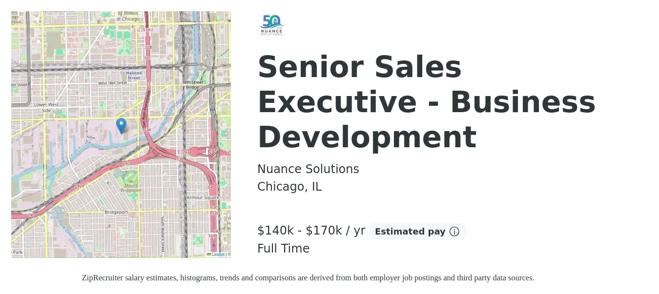 Nuance Solutions job posting for a Senior Sales Executive - Business Development in Chicago, IL with a salary of $140,000 to $170,000 Yearly with a map of Chicago location.