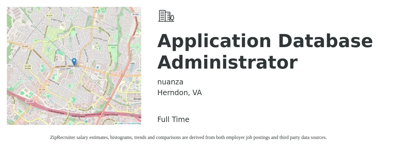 nuanza job posting for a Application Database Administrator in Herndon, VA with a salary of $52 to $75 Hourly with a map of Herndon location.