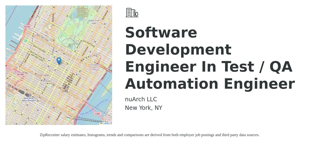 nuArch LLC job posting for a Software Development Engineer In Test / QA Automation Engineer in New York, NY with a salary of $49 to $68 Hourly with a map of New York location.