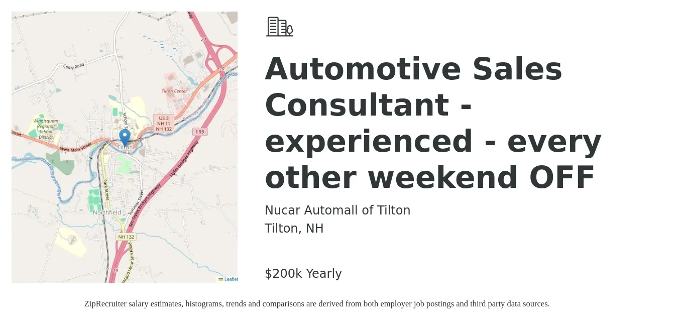 Nucar Automall of Tilton job posting for a Automotive Sales Consultant - experienced - every other weekend OFF in Tilton, NH with a salary of $29 Hourly with a map of Tilton location.