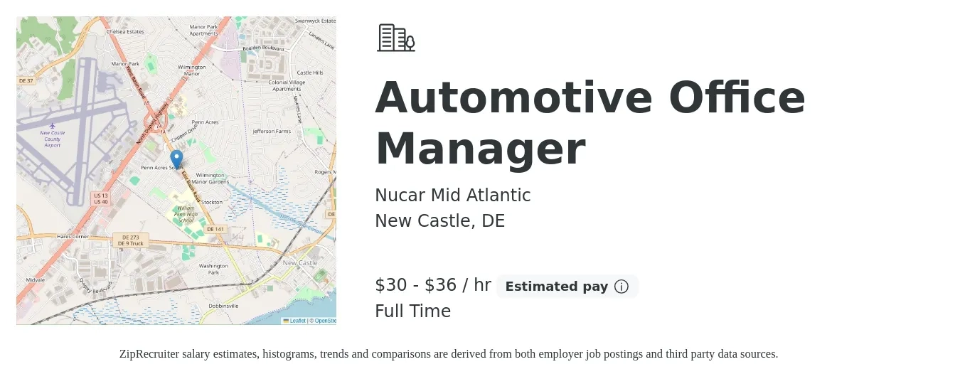 Nucar Mid Atlantic job posting for a Automotive Office Manager in New Castle, DE with a salary of $65,000 to $80,000 Yearly with a map of New Castle location.
