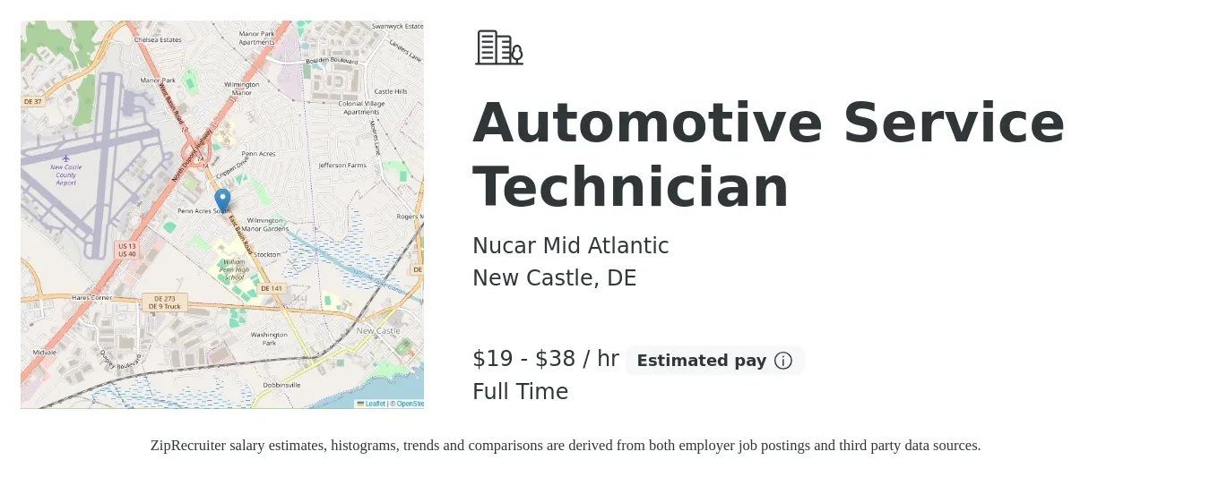 Nucar Mid Atlantic job posting for a Automotive Service Technician in New Castle, DE with a salary of $20 to $40 Hourly with a map of New Castle location.