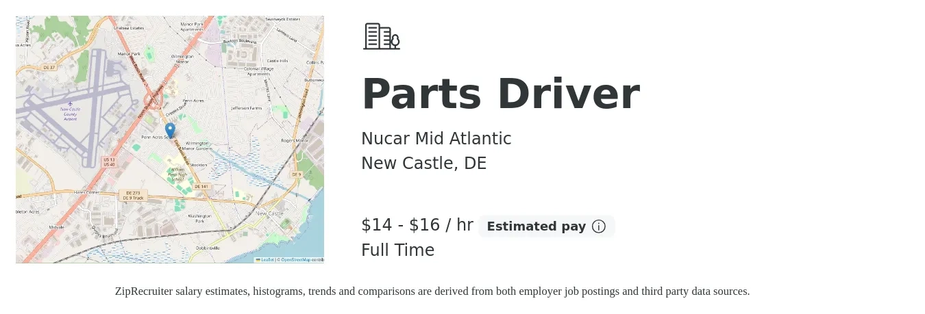 Nucar Mid Atlantic job posting for a Parts Driver in New Castle, DE with a salary of $15 to $17 Hourly with a map of New Castle location.