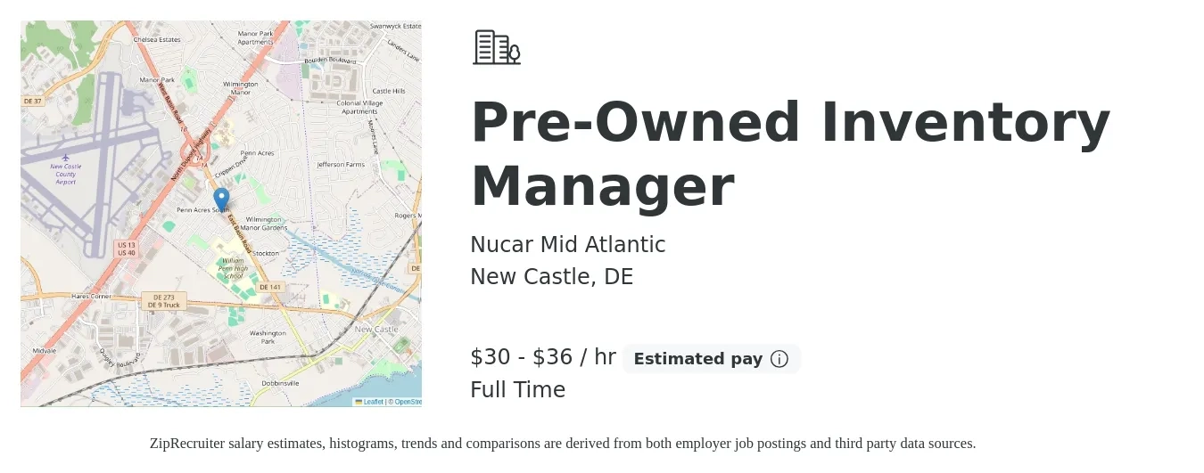 Nucar Mid Atlantic job posting for a Pre-Owned Inventory Manager in New Castle, DE with a salary of $65,000 to $80,000 Yearly with a map of New Castle location.