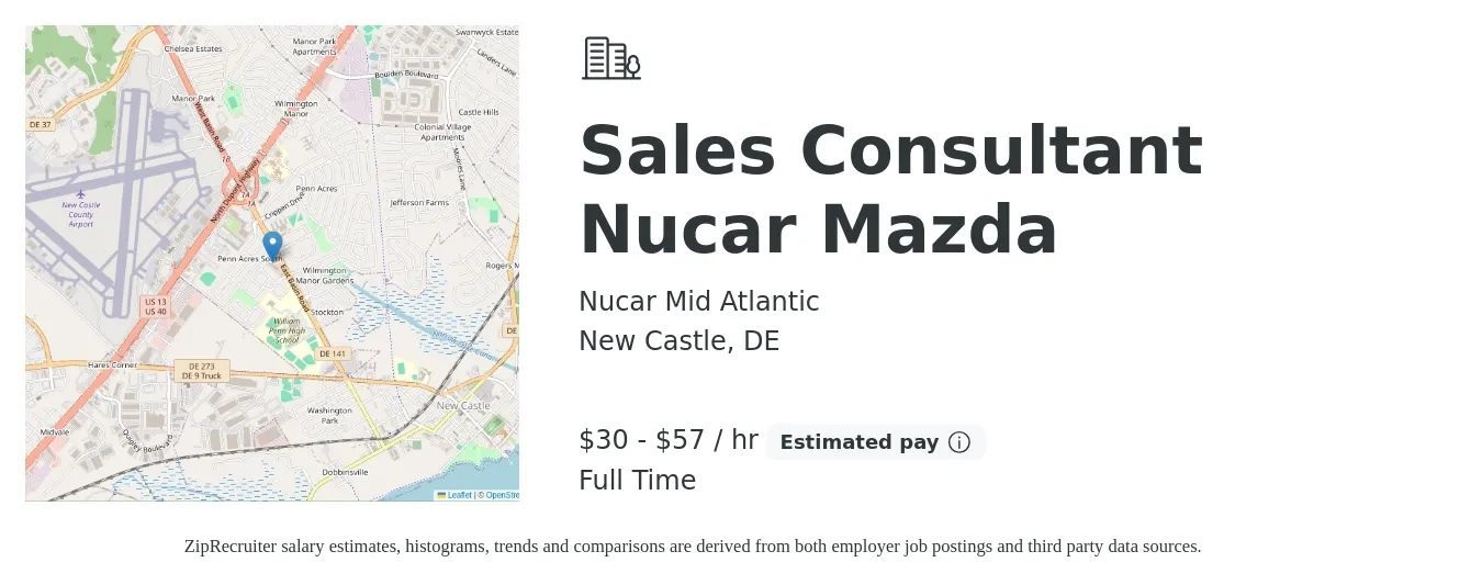 Nucar Mid Atlantic job posting for a Sales Consultant Nucar Mazda in New Castle, DE with a salary of $65,000 to $125,000 Yearly with a map of New Castle location.
