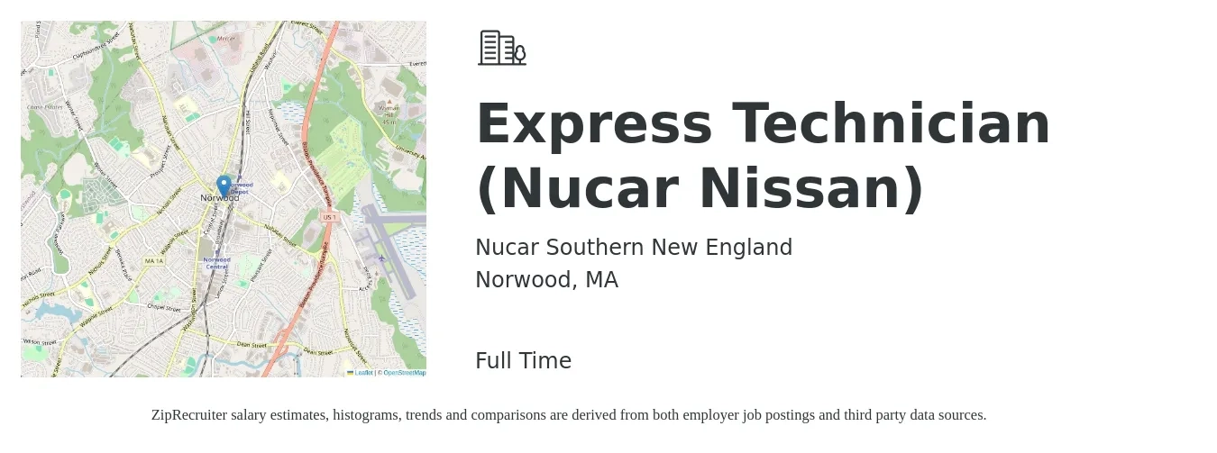 Nucar Southern New England job posting for a Express Technician (Nucar Nissan) in Norwood, MA with a salary of $16 to $22 Hourly with a map of Norwood location.