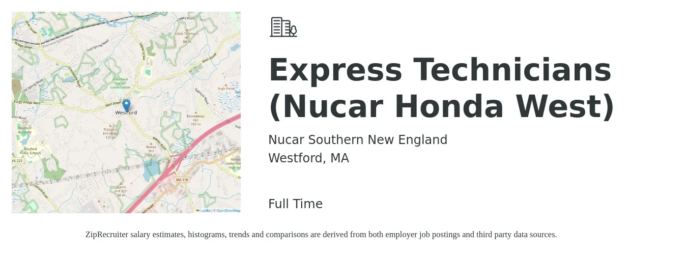 Nucar Southern New England job posting for a Express Technicians (Nucar Honda West) in Westford, MA with a salary of $14 to $20 Hourly with a map of Westford location.