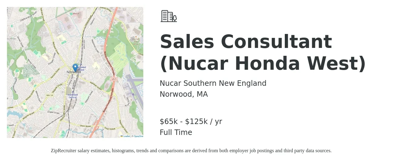 Nucar Southern New England job posting for a Sales Consultant (Nucar Honda West) in Norwood, MA with a salary of $65,000 to $125,000 Yearly with a map of Norwood location.