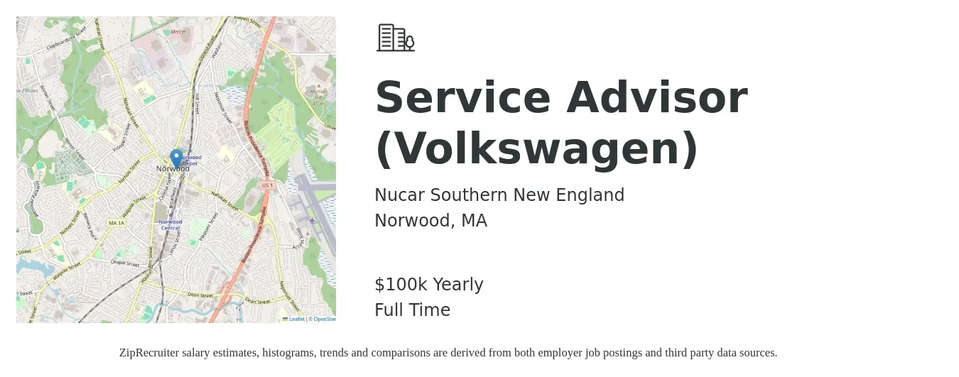 Nucar Southern New England job posting for a Service Advisor (Volkswagen) in Norwood, MA with a salary of $100,000 Yearly with a map of Norwood location.