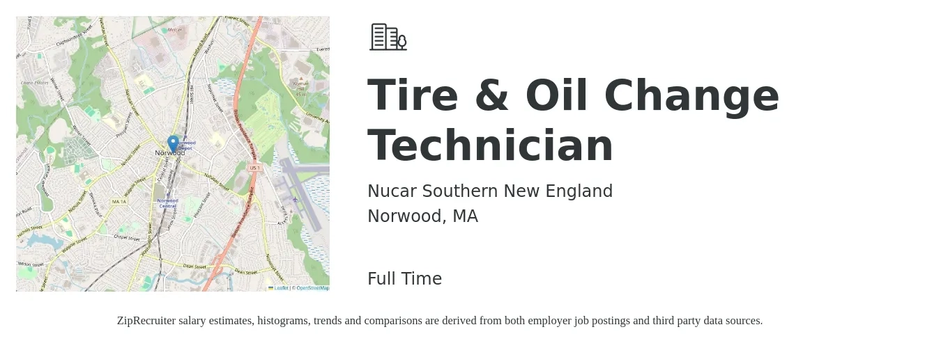 Nucar Southern New England job posting for a Tire & Oil Change Technician in Norwood, MA with a salary of $19 to $22 Hourly with a map of Norwood location.