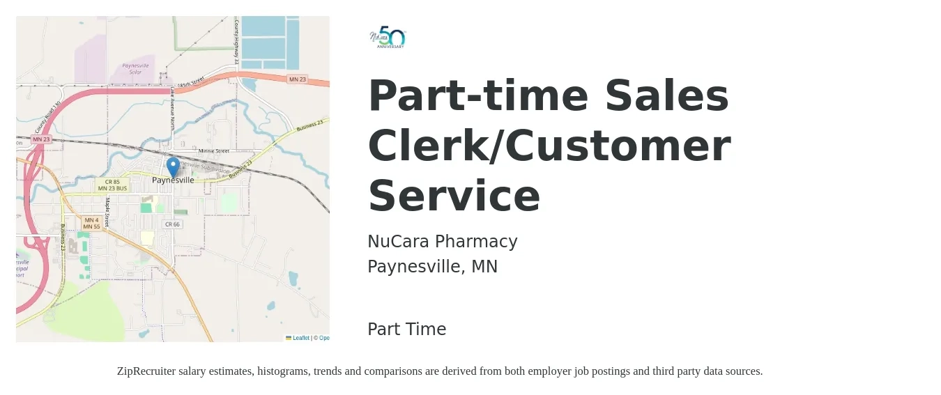 NuCara Pharmacy job posting for a Part-time Sales Clerk/Customer Service in Paynesville, MN with a salary of $16 to $20 Hourly with a map of Paynesville location.