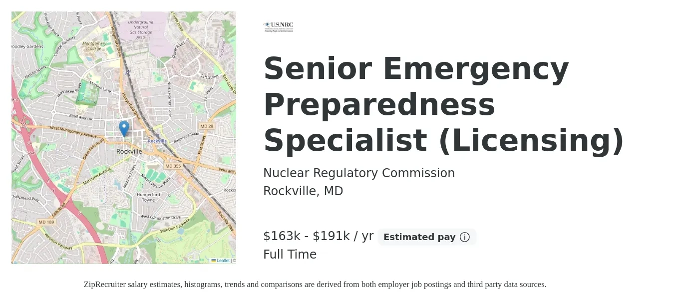 Nuclear Regulatory Commission job posting for a Senior Emergency Preparedness Specialist (Licensing) in Rockville, MD with a salary of $34,100 to $48,900 Yearly with a map of Rockville location.