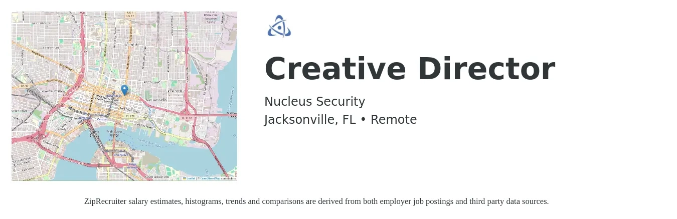Nucleus Security job posting for a Creative Director in Jacksonville, FL with a salary of $92,200 to $140,800 Yearly with a map of Jacksonville location.