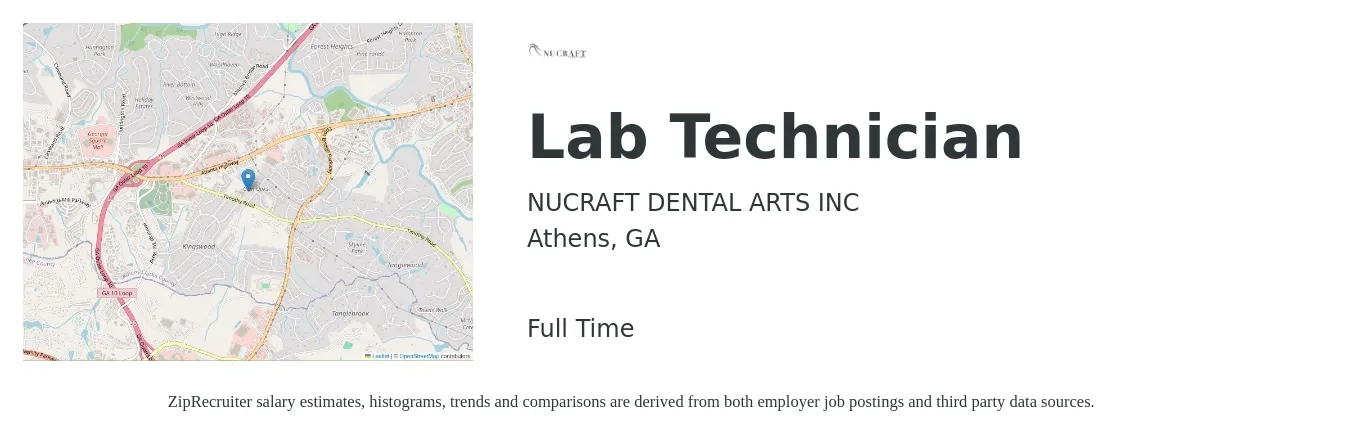 NUCRAFT DENTAL ARTS INC job posting for a Lab Technician in Athens, GA with a salary of $18 to $24 Hourly with a map of Athens location.