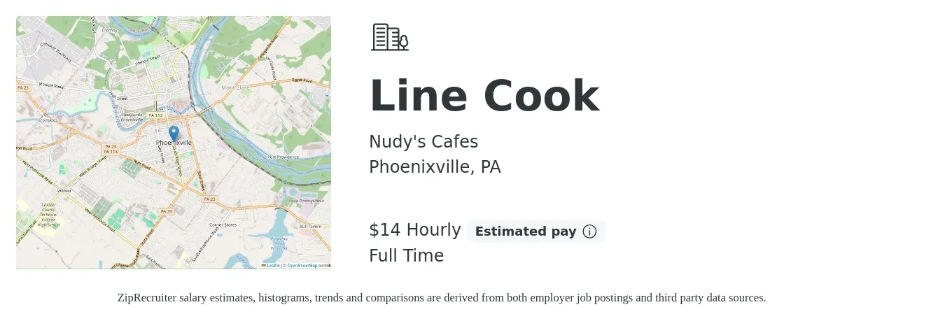 Nudy's Cafes job posting for a Line Cook in Phoenixville, PA with a salary of $15 Hourly with a map of Phoenixville location.