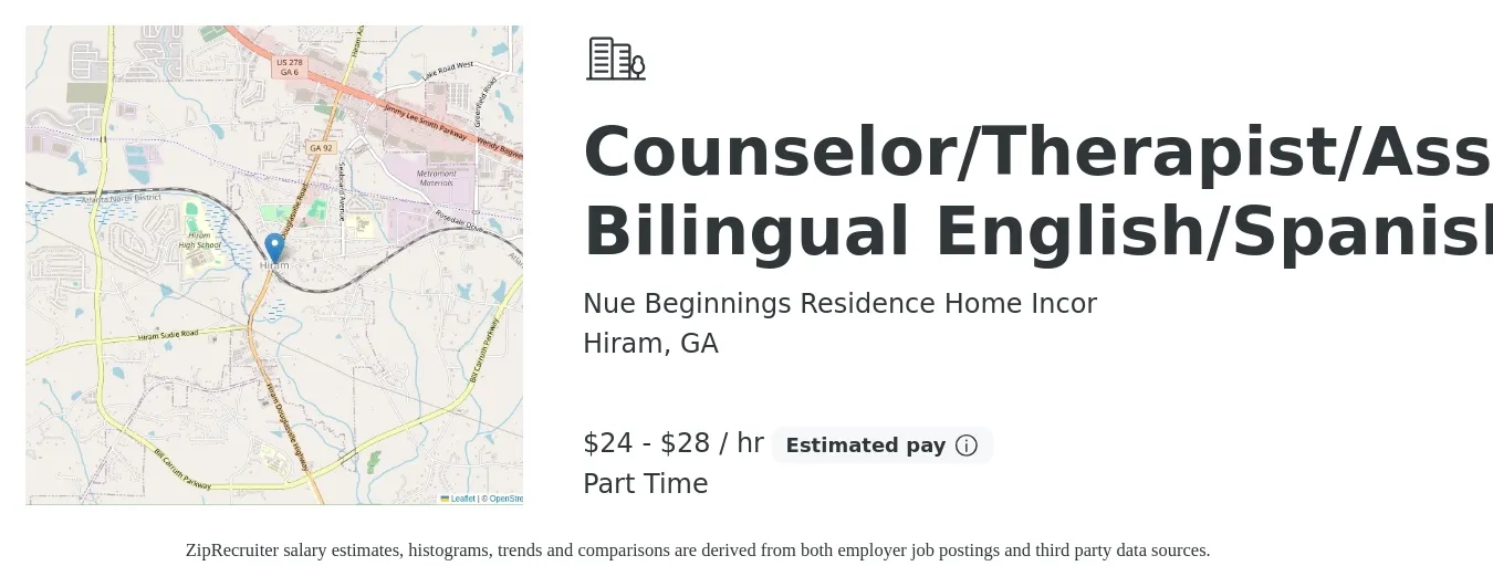 Nue Beginnings Residence Home Incor job posting for a Counselor/Therapist/Assessor Bilingual English/Spanish in Hiram, GA with a salary of $25 to $30 Hourly with a map of Hiram location.