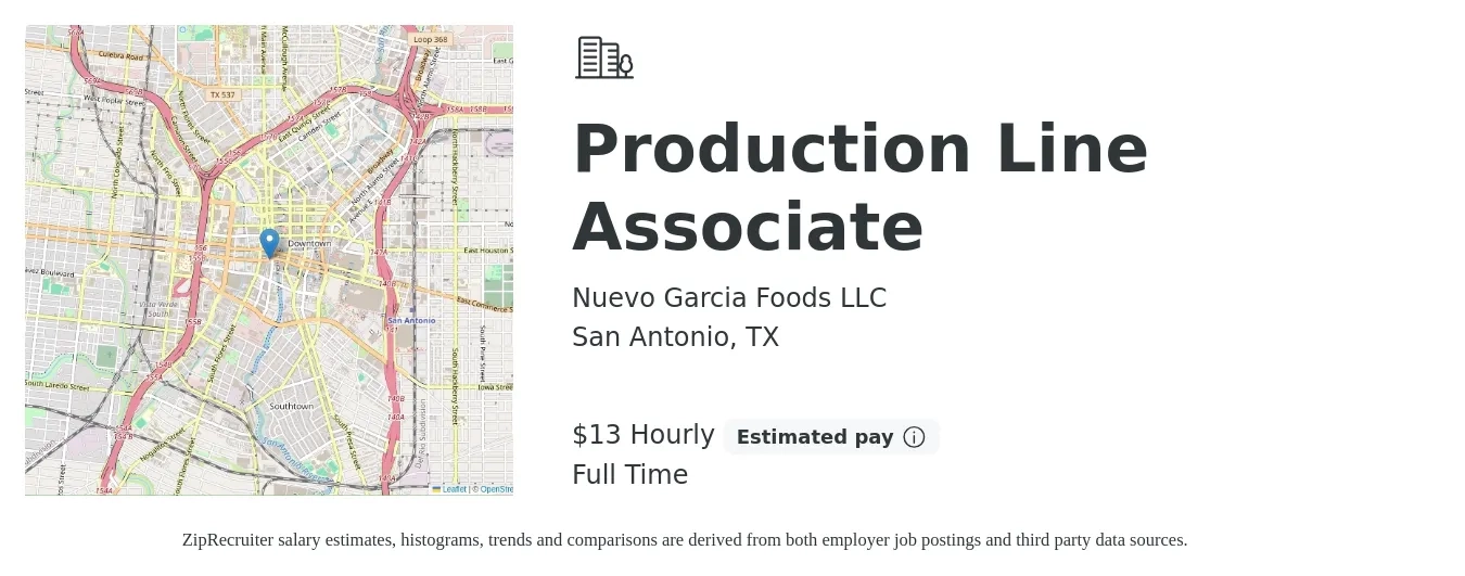 Nuevo Garcia Foods LLC job posting for a Production Line Associate in San Antonio, TX with a salary of $14 Hourly with a map of San Antonio location.